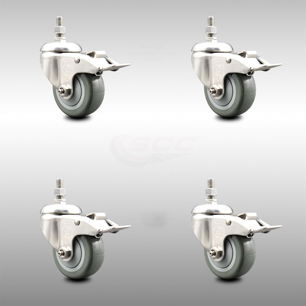 Service Caster 3.5 Inch 316SS Gray Polyurethane Swivel 10mm Stem Caster Set Lock Brake SCC SCC-SS316TSTTL20S3514-PPUB-M1015-4 - main
